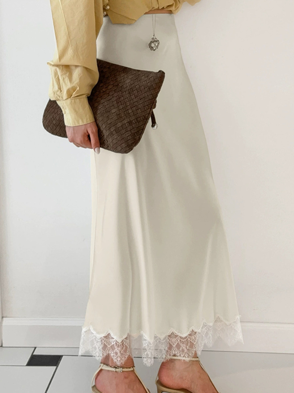 Forever 21 Apricot Satin High Waist Lace Patchwork Maxi Skirt Fall
